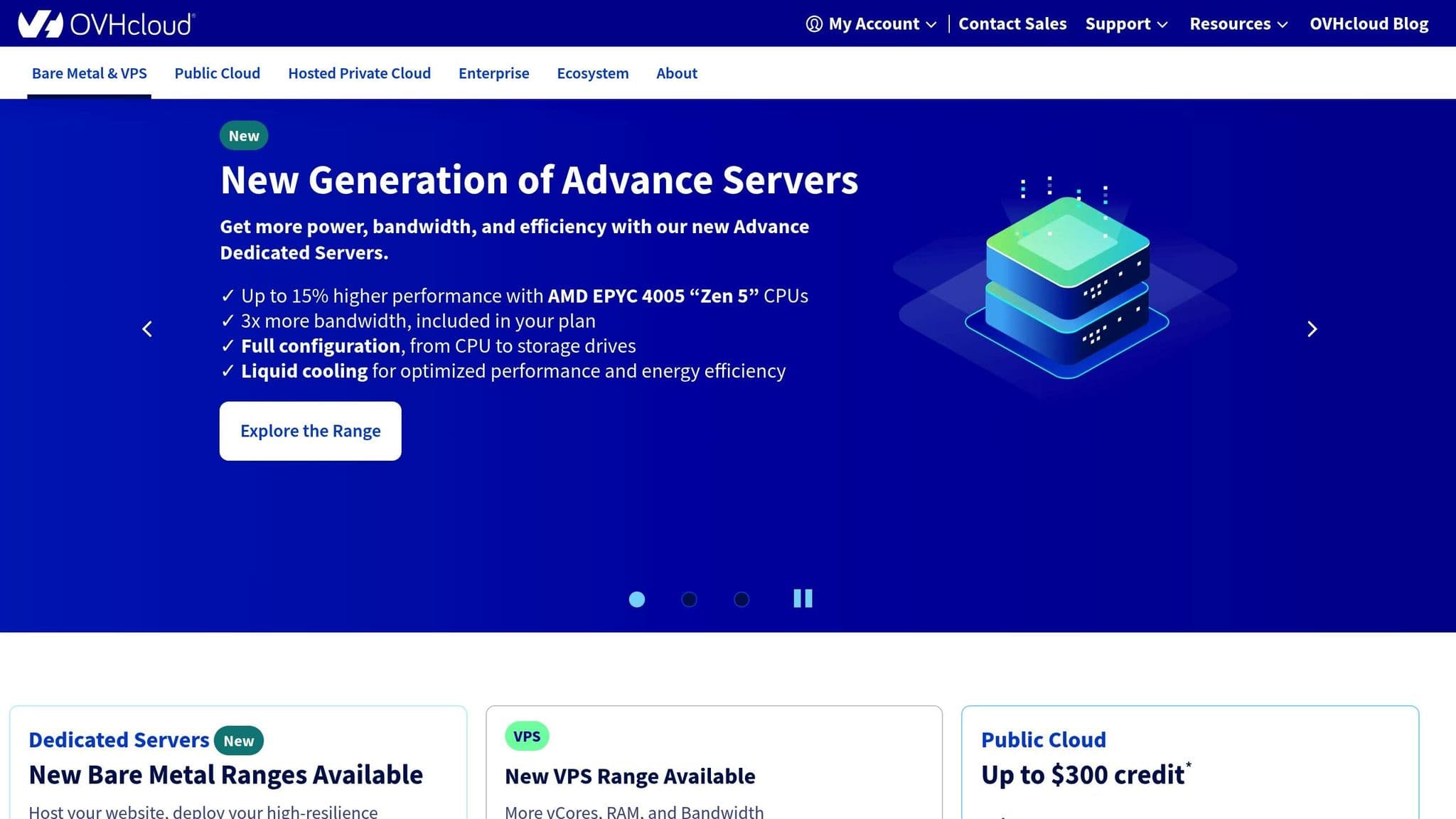 OVHcloud homepage introducing dedicated servers and cloud services