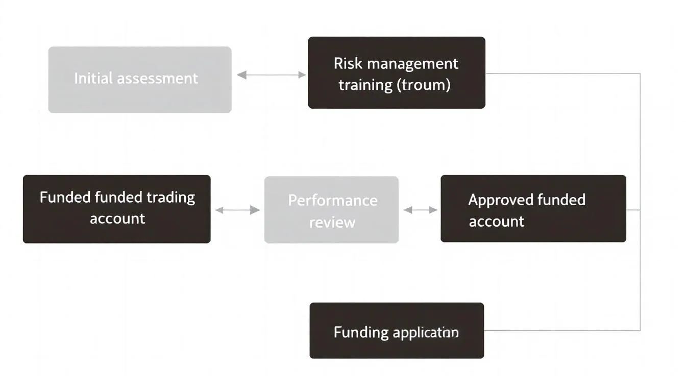 The flowchart illustrates the step-by-step progression from evaluation to securing a funded trading account, highlighting key elements such as risk management rules, trading tests, and the importance of consistent performance for aspiring profit traders. It emphasizes the process of transitioning from simulated profits to actual trading with a pro account, showcasing the benefits of quick payouts and effective risk management.