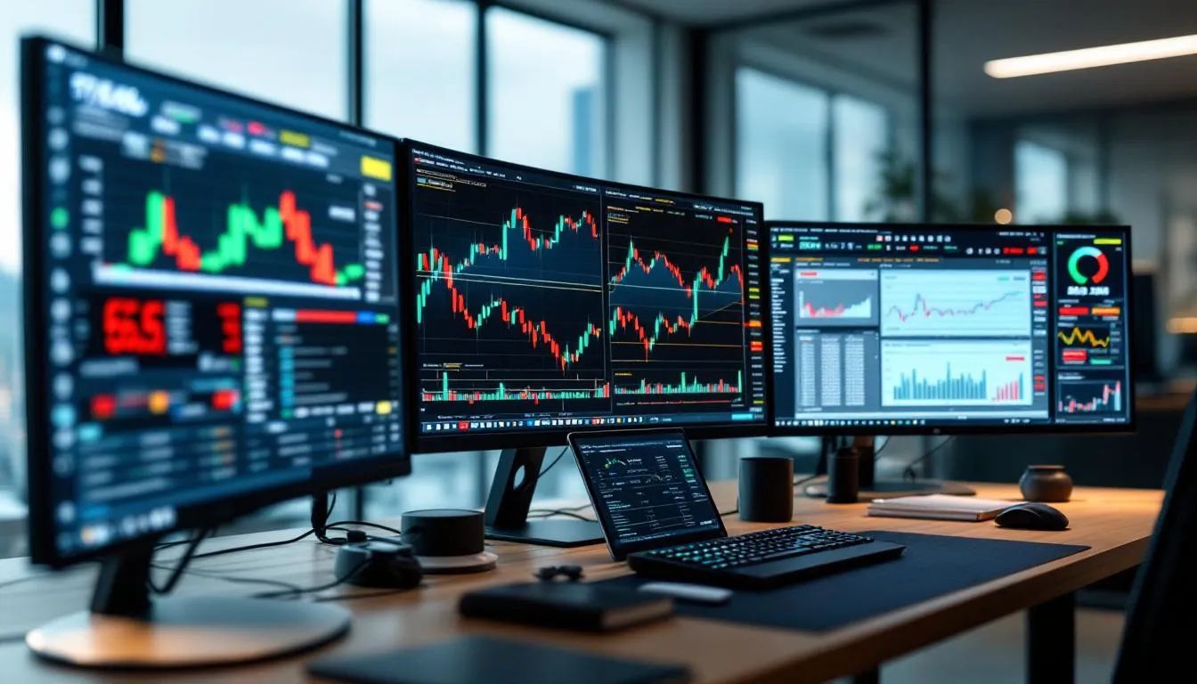 The image showcases a professional trading setup featuring multiple trading accounts, highlighting the tools and screens used by profit traders to manage their trades effectively. It emphasizes the importance of risk management rules and consistent performance in futures trading, providing a glimpse into the world of prop trading and the evaluation process for aspiring traders.